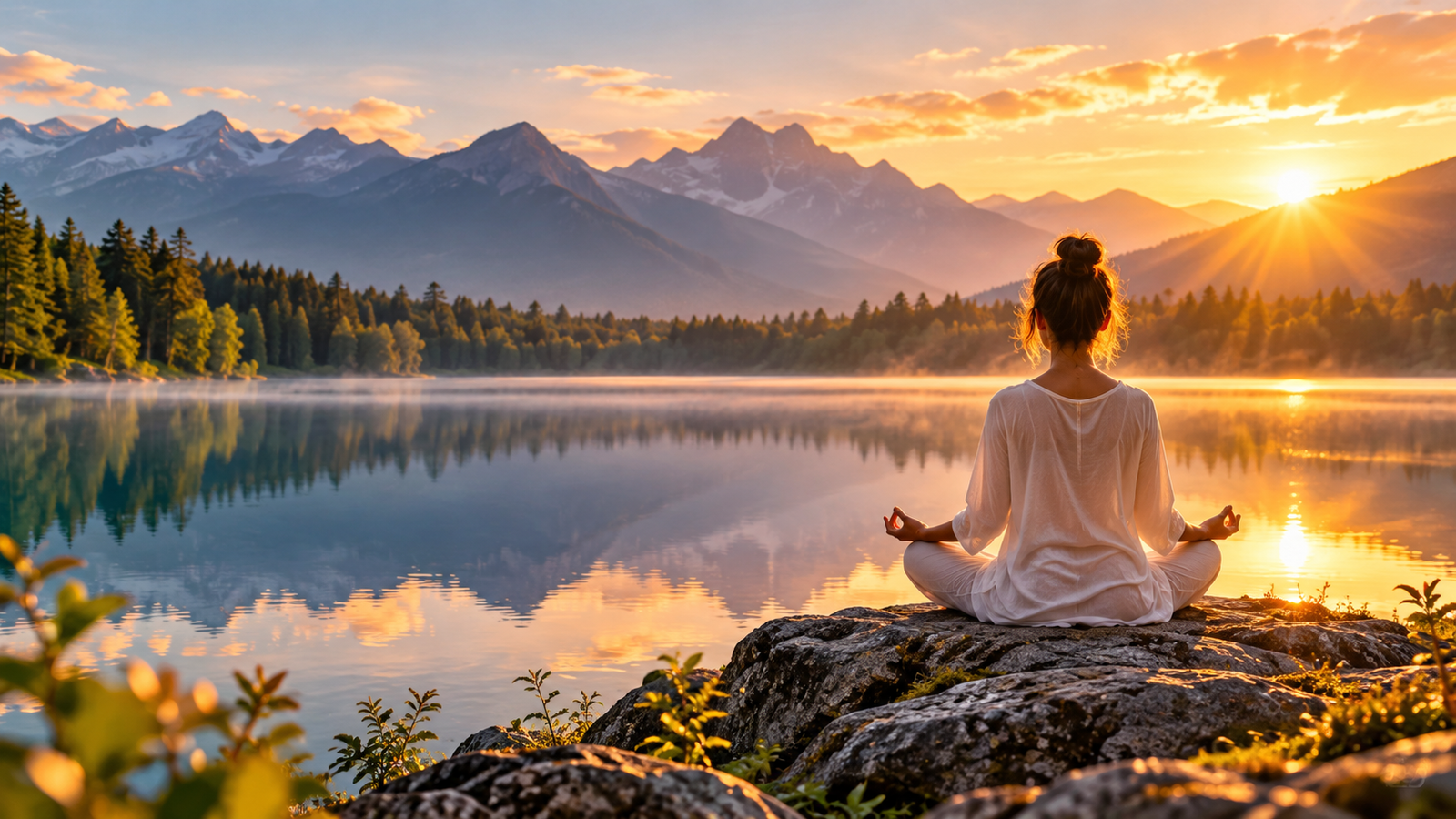 Sound meditation beside a peaceful mountain lake
